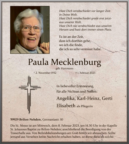 Todesanzeige von Paula Mecklenburg von WA