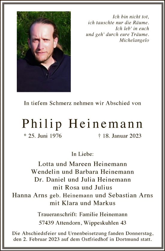 Todesanzeige von Philip Heinemann von WA