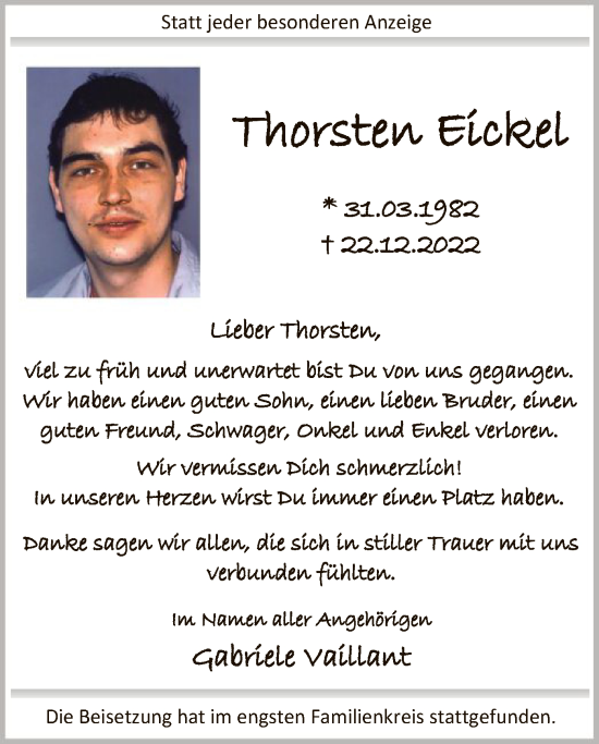 Todesanzeige von Thorsten Eickel von WA