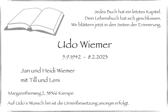 Todesanzeige von Udo Wiemer von WA
