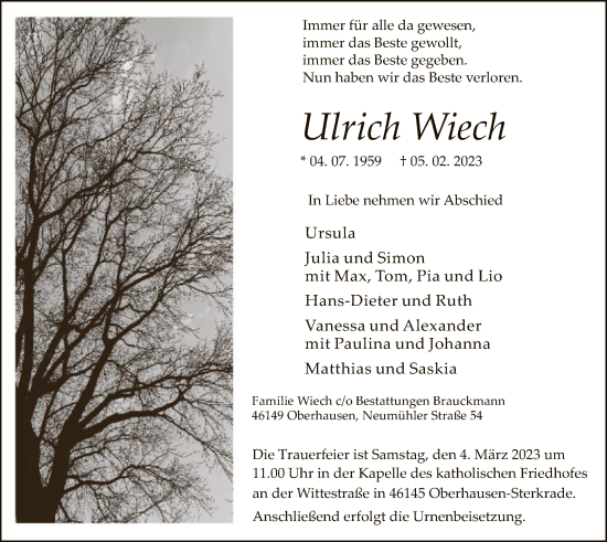Todesanzeige von Ulrich Wiech von WA