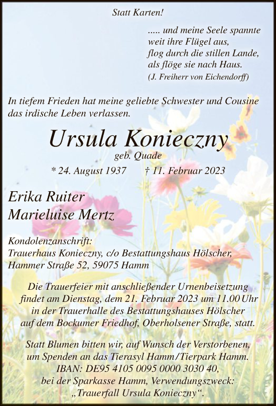 Todesanzeige von Ursula Konieczny von WA