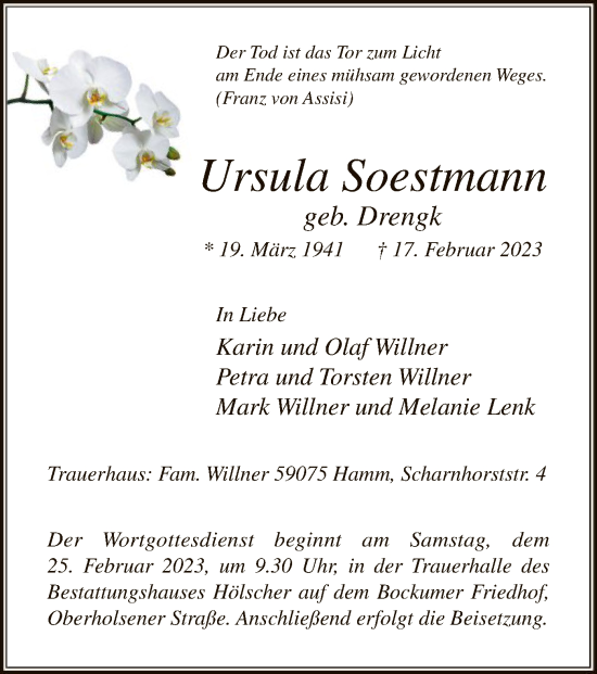 Todesanzeige von Ursula Soestmann von WA