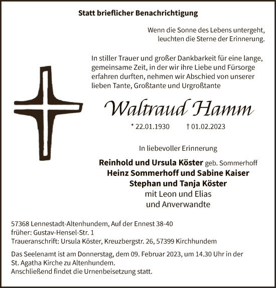 Todesanzeige von Waltraud Hamm von WA