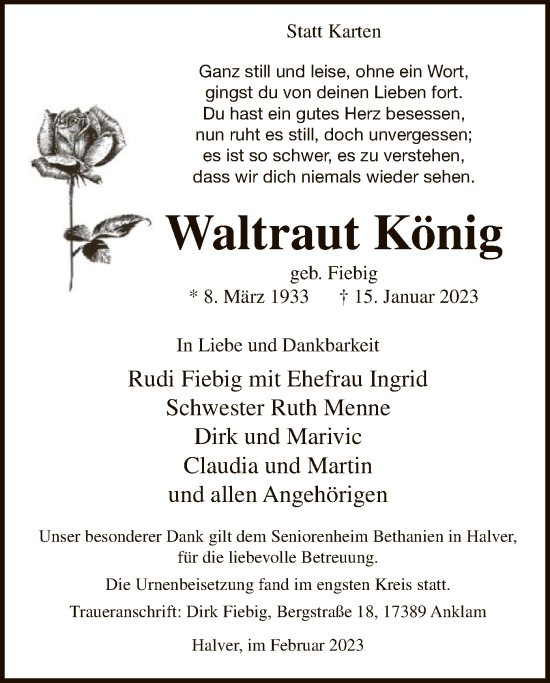Todesanzeige von Waltraut König von WA