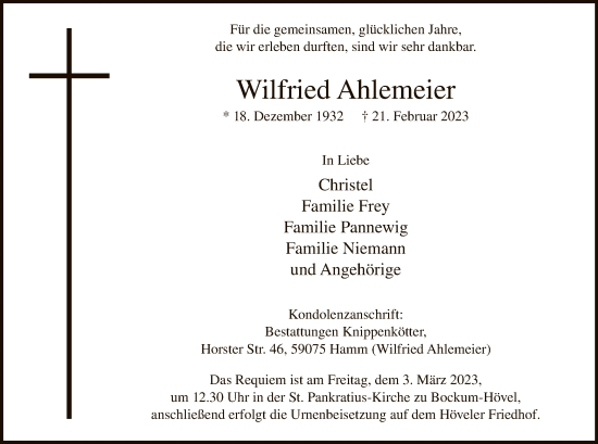 Todesanzeige von Wilfried Ahlemeier von WA