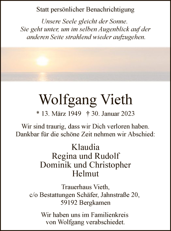Todesanzeige von Wolfgang Vieth von WA