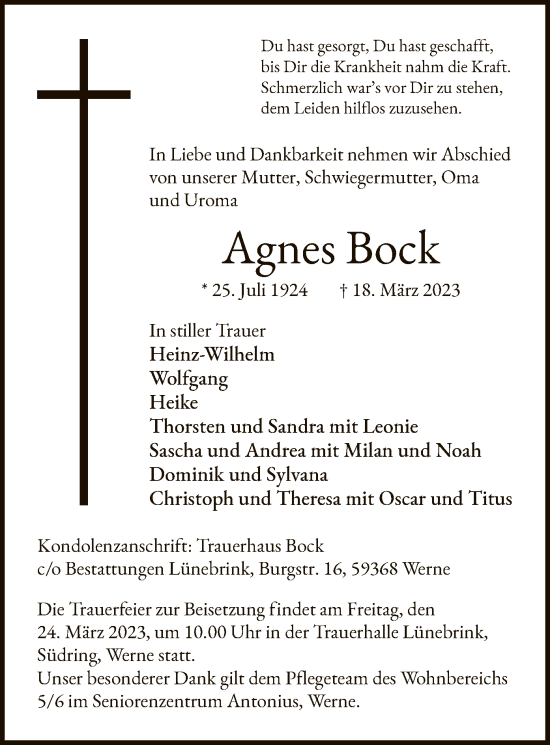 Todesanzeige von Agnes Bock von WA