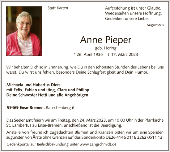 Todesanzeige von Anne Pieper von WA