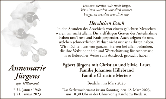 Todesanzeige von Annemarie Jürgens von WA