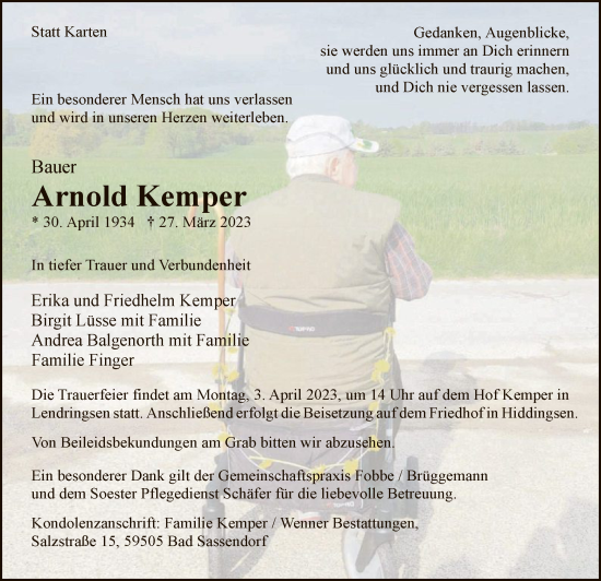 Todesanzeige von Arnold Kemper von WA