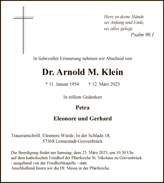 Todesanzeige von Arnold M. Klein von WA