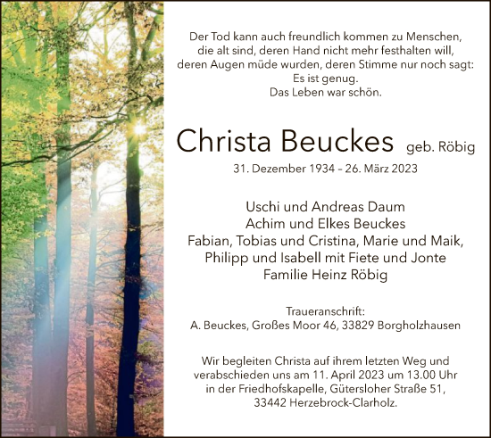 Todesanzeige von Christa Beuckes von WA