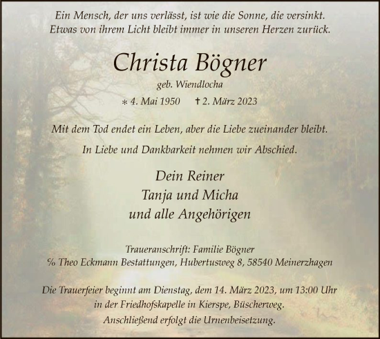 Todesanzeige von Christa Bögner von WA