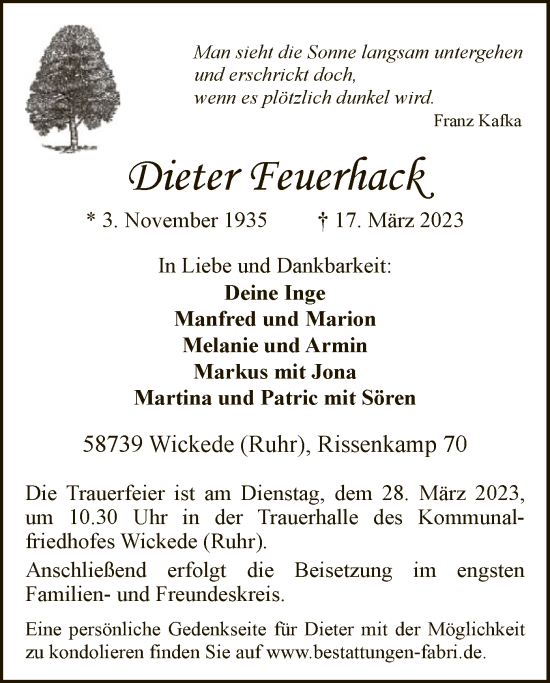 Todesanzeige von Dieter Feuerhack von WA