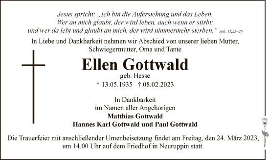 Todesanzeige von Ellen Gottwald von WA