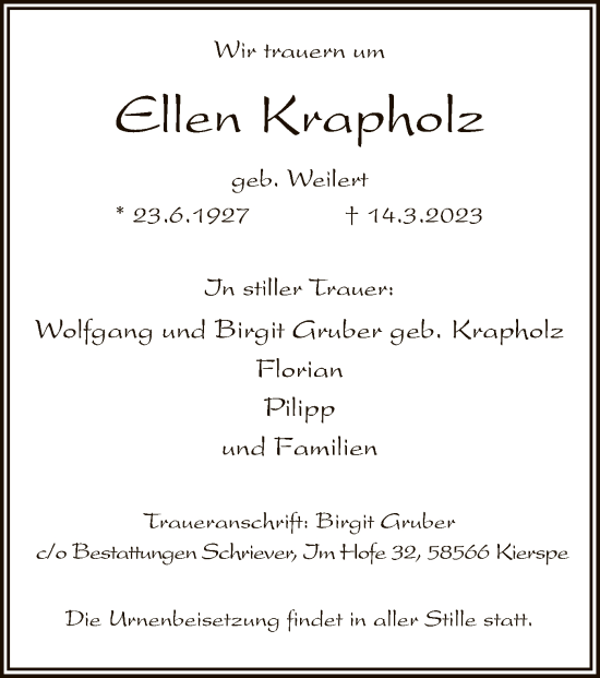 Todesanzeige von Ellen Krapholz von WA