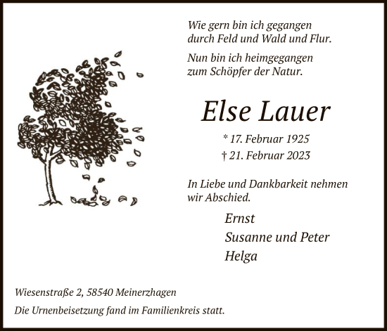 Todesanzeige von Else Lauer von WA