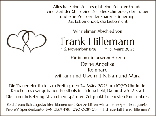 Todesanzeige von Frank Hillemann von WA