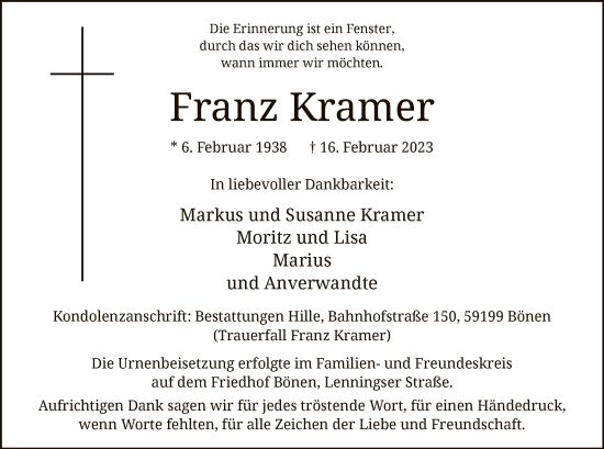 Todesanzeige von Franz Kramer von WA