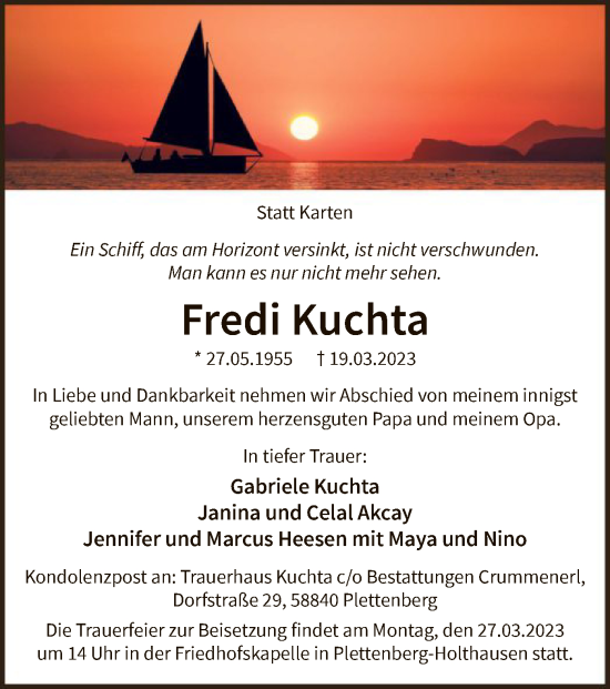 Todesanzeige von Fredi Kuchta von WA