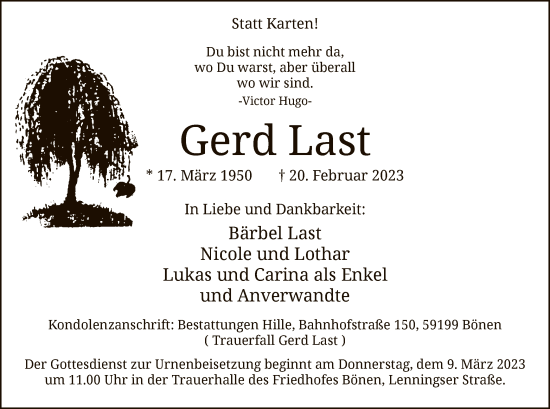 Todesanzeige von Gerd Last von WA