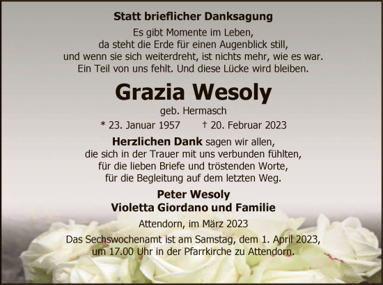 Todesanzeige von Grazia Wesoly von WA