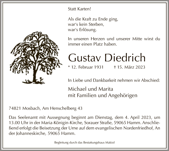 Todesanzeige von Gustav Diedrich von WA