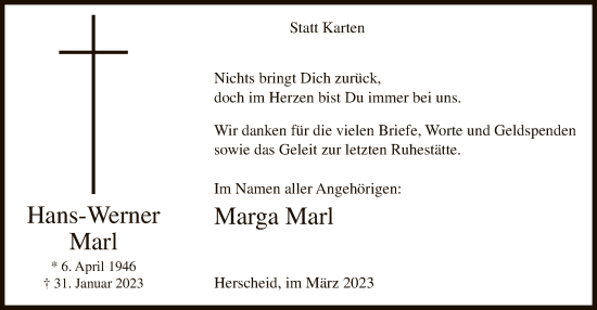 Todesanzeige von Hans-Werner Marl von WA