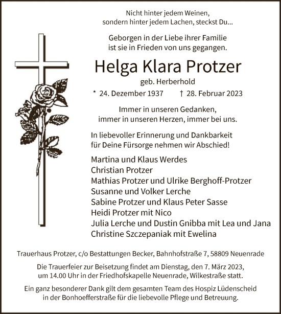 Todesanzeige von Helga Klara Protzer von WA