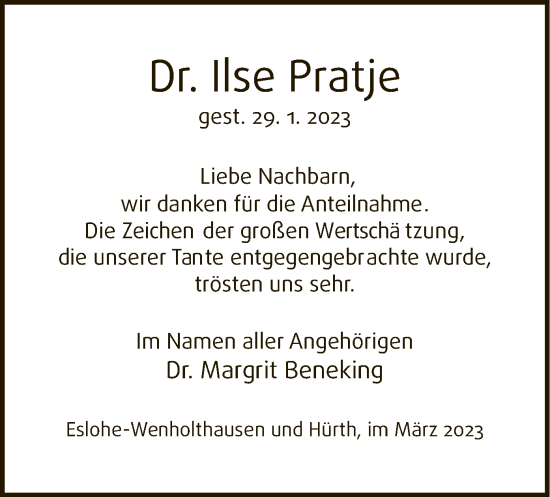 Todesanzeige von Ilse Pratje von WA