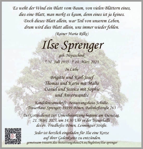 Todesanzeige von Ilse Sprenger von WA