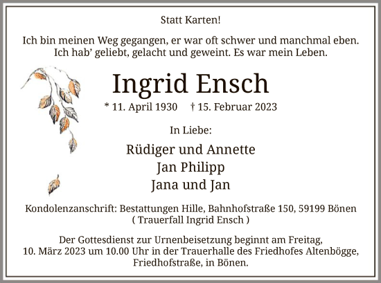 Todesanzeige von Ingrid Ensch von WA