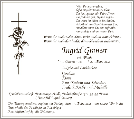 Todesanzeige von Ingrid Gronert von WA