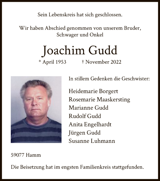 Todesanzeige von Joachim Gudd von WA