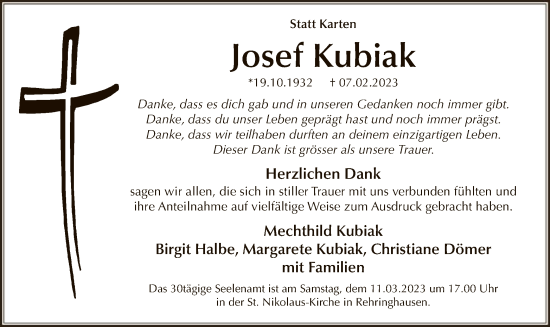 Todesanzeige von Josef Kubiak von WA