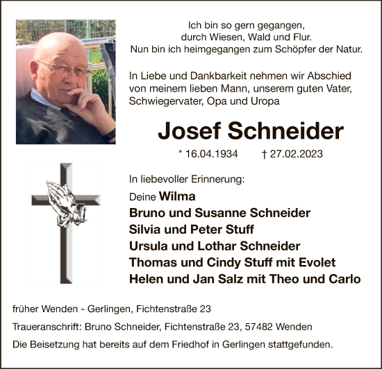 Todesanzeige von Josef Schneider von WA