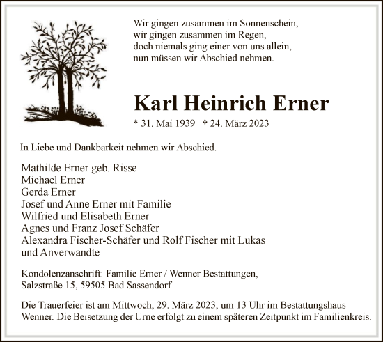 Todesanzeige von Karl Heinrich Erner von WA