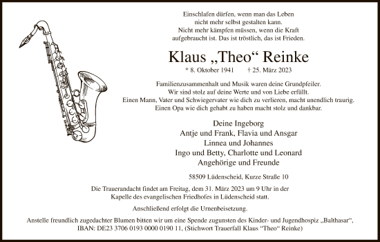 Todesanzeige von Klaus Reinke von WA