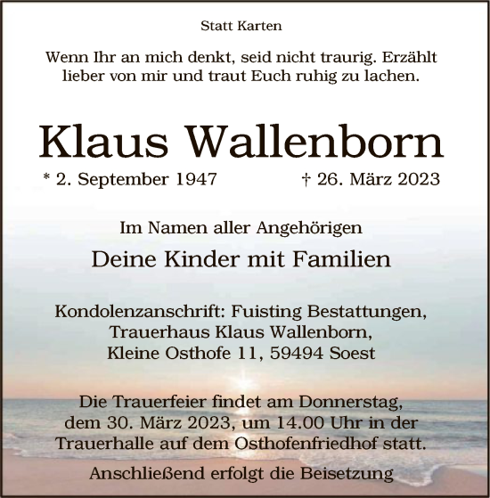 Todesanzeige von Klaus Wallenborn von WA