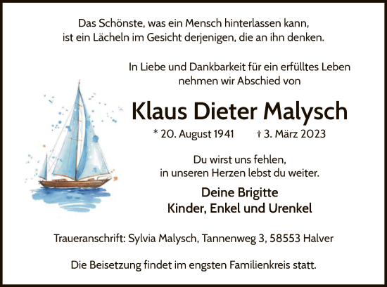 Todesanzeige von Klaus Dieter Malysch von WA