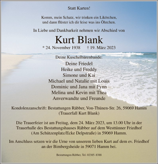 Todesanzeige von Kurt Blank von WA