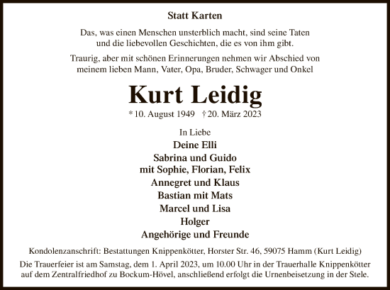 Todesanzeige von Kurt Leidig von WA