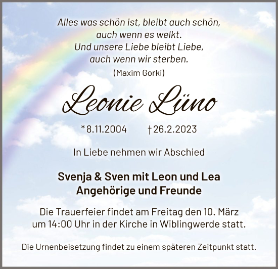 Todesanzeige von Leonie Lüno von WA