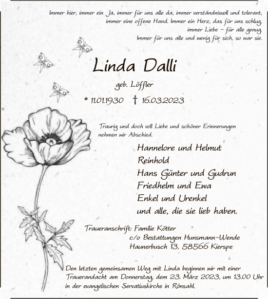 Todesanzeige von Linda Dalli von WA