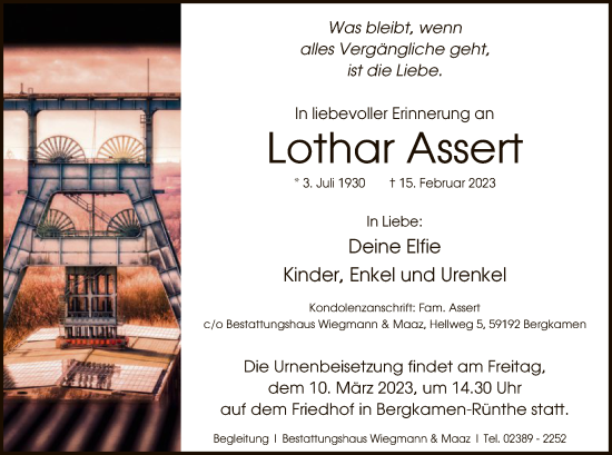 Todesanzeige von Lothar Assert von WA