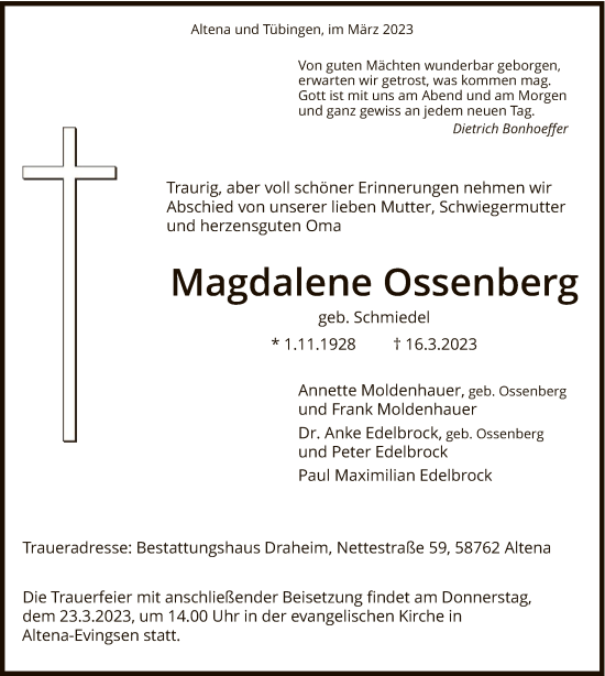 Todesanzeige von Magdalene Ossenberg von WA
