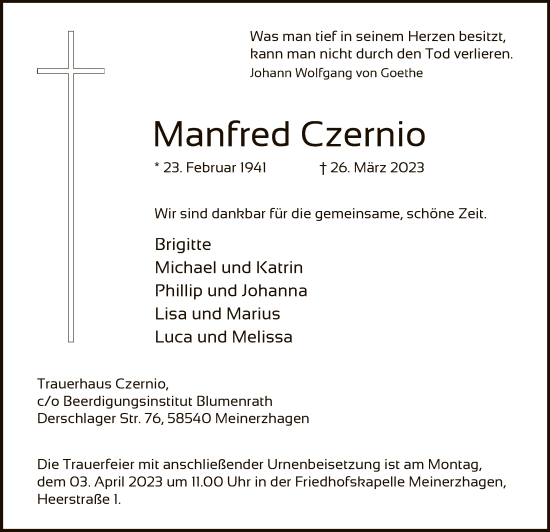 Todesanzeige von Manfred Czernio von WA
