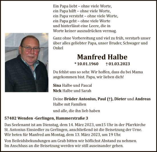 Todesanzeige von Manfred Halbe von WA
