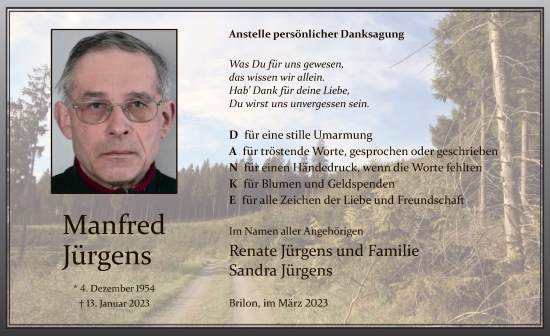 Todesanzeige von Manfred Jürgens von WA